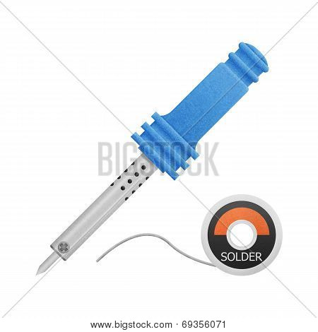 Blue Soldering With Solder Wire Isolated Is Equipment For Electronic Circuit Of Paper Cut Design