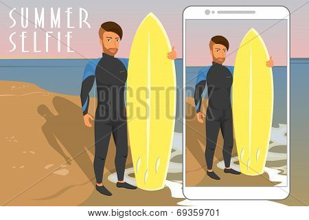 Selfie of hipster wearing diving suit with yellow surfboard