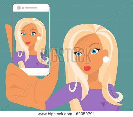 Funny selfie of blonde sensual woman wearing duck-face