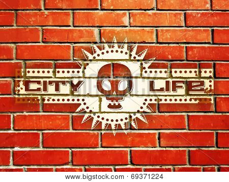 Brick wall with urban life sign