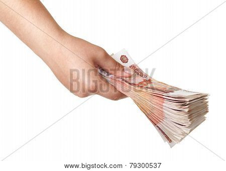 Stack of five thousandth bills in the female hand.