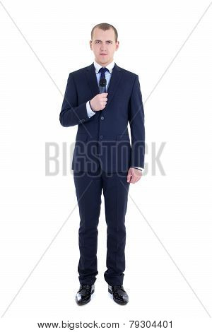 Full Length Portrait Of Young Male Reporter With Microphone Isolated On White