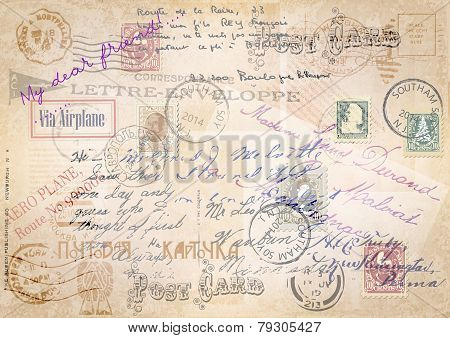 vintage grunge background with a set of postage-stamps and stams.vector illustration