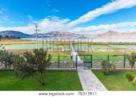Upscale Hotel And Inviting Courtyard And Garden On Lake Titikaka, Peru In South America