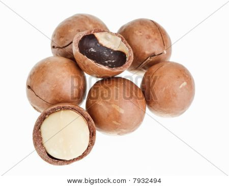 geschält und ungeschält Macadamia-Nüsse, isoliert auf weiss