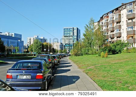 Pasilaiciai District Street With Cars And Houses