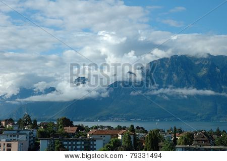 Mountains, Lake And Buildings In La Tour-de-peilz In Switzerland