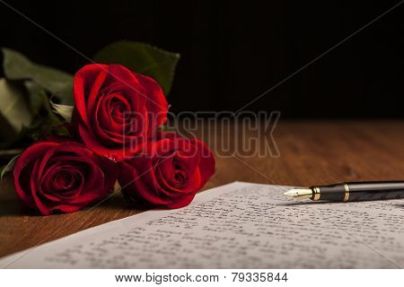 Still Life Of A Fountain Pen, Paper And Flowers Roses