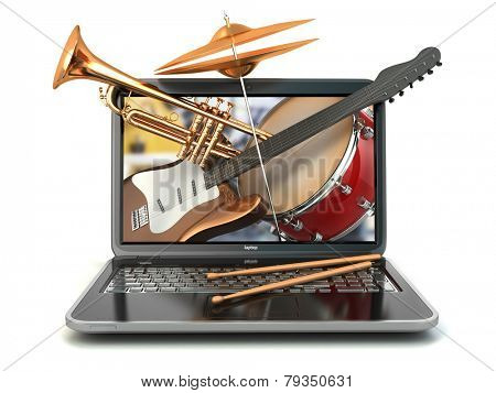 Digital music composer concept. Laptop and musical instruments. Guitar, drums and trumpet. 3d