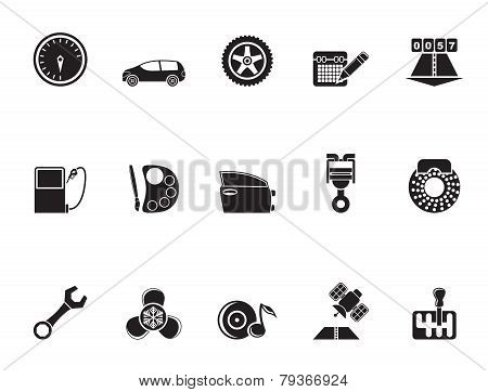 Silhouette car parts, services and characteristics icons