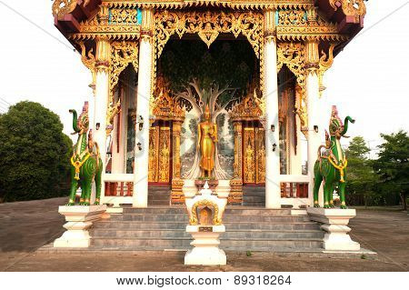 Standing Buddha Front Of Church On Thai Temple In Thailand.