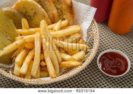Traditional French Fries With Ketchup And Bread