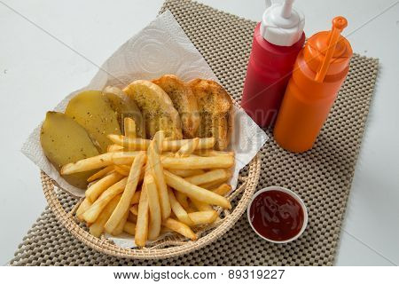 Traditional French Fries With Ketchup And Bread