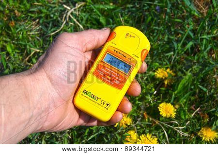 Near Kiev, Ukraine -April 29, 2015: Measuring radiation levels near after huge forest wildfire in Chernobyl Area on April 28. Kiev April 29,, 2015 Near Kiev, Ukraine.
