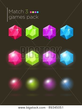 Vector set of colorful gems for casual match3 games 