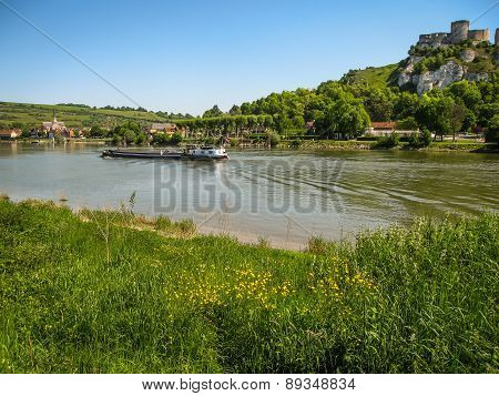 Ruins Of An Ancient Castle On The River Shore, Les Andeles, France