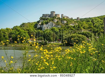 Ruins Of An Ancient Castle On The River Shore, Les Andeles, France