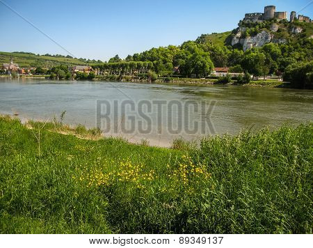 Ruins Of An Ancient Castle On The River Shore, Les Andeles, France
