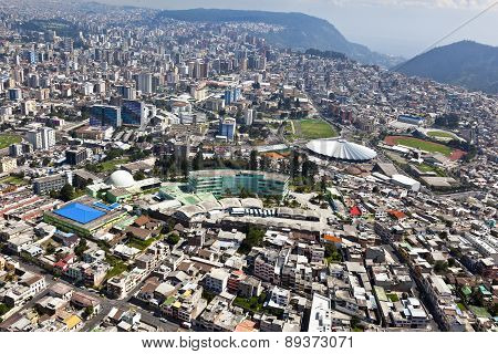 Aerial view of northern downtown of Quito sector; the Military Geographic Institute, the National Sports Concentration of Pichincha, Catholic University and Polytechnic.