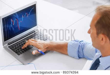 business, office and money concept - smiling businessman working with forex chart in office