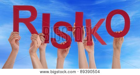 Many People Hands Holding Red Word Risk Blue Sky
