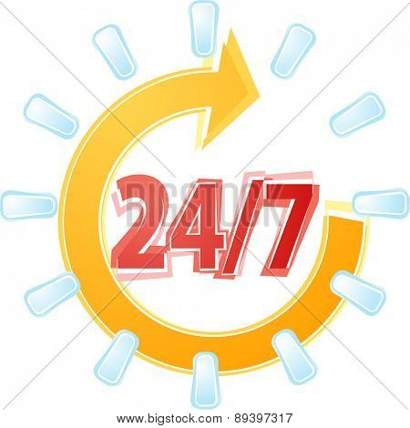 Illustration concept clipart open 24 by 7 with cyle clock symbols vector