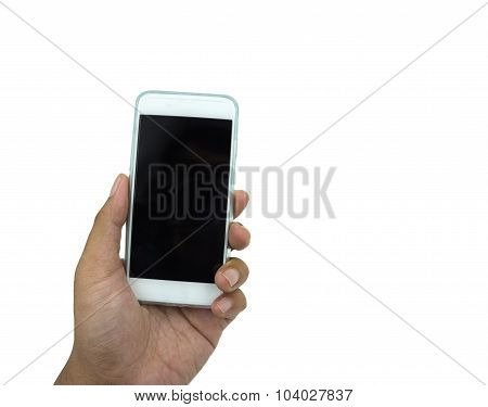 Hand Holding Smart Phone Isolated Over White
