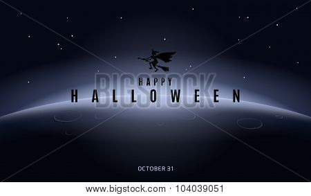 Vector Halloween template with flying witch on broom in night