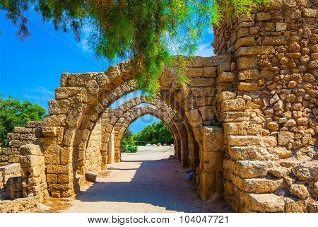  Superbly preserved ancient arched ceiling of stalls. National park Caesarea on the Mediterranean. Israel