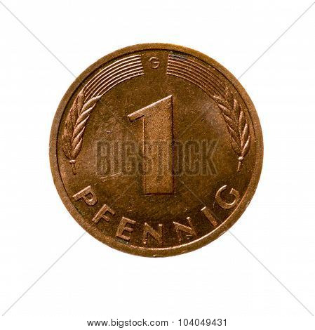 Coin One Pfennig Germany Isolated On White Background. Top View.