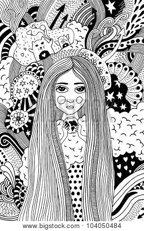 psychedelic doodle with girl holding earth in her hands