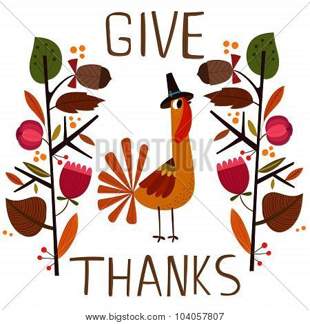 Lovely Vector Card Or Poster For Happy Thanksgiving With Cute Turkey. - Stock Vector