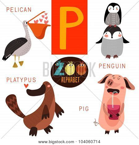 Cute Zoo Alphabet In Vector.p  Letter. Funny Cartoon Animals:pelican,penguin,platypus,pig. Alphabet