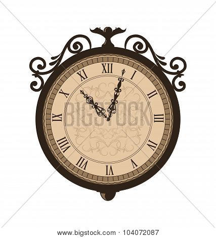 Forging retro clock with vignette arrows, isolated on white back