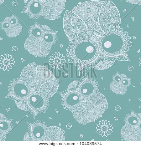 Vector illustration of owl. Bird illustrated in tribal.Owl whith flowers on dark background.