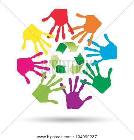 Vector conceptual circle or spiral made of painted human hands with green recycle symbol for ecology isolated on white background