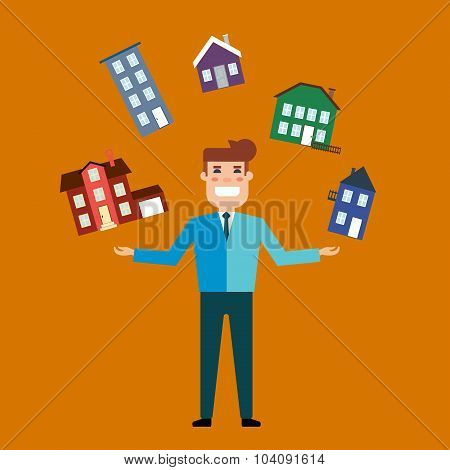 Seller with a broad smile, juggling houses