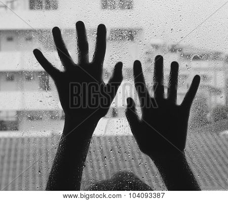 Horror Woman Behind The Matte Glass ,style  Black And White, Blurry Hand And Body , Soft Focus