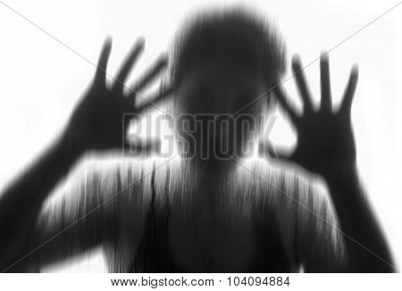 Horror Woman Behind The Matte Glass ,style  Black And White, Blurry Hand And Body , Soft Focus