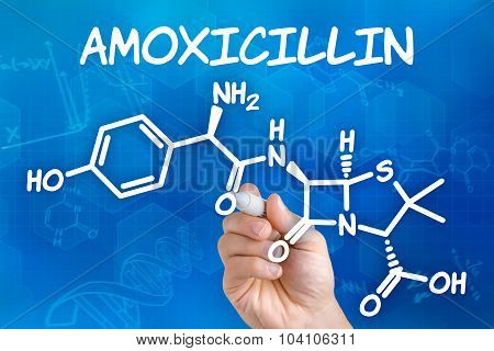Hand With Pen Drawing The Chemical Formula Of Amoxicillin