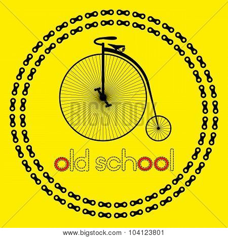 Penny farting bike icon (logo or label) with text Old school. Isolated Black Silhouette of bicycle i