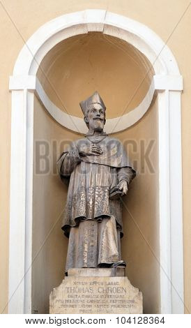 LJUBLJANA, SLOVENIA - JUNE 30: Tomaz Hren, bishop of Ljubljana on the facade of St Nicholas Cathedral in the capital city of Ljubljana, Slovenia on June 30, 2015