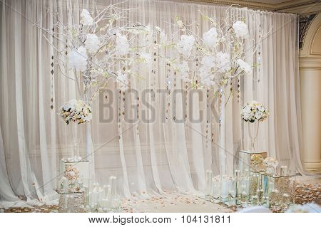 Beautiful Wedding Ceremony Design Decoration Elements With Arch, Floral Design, Flowers, Chairs