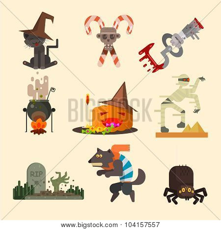 Halloween Attributes, Characters Set in Flat Style, Vector Illustration