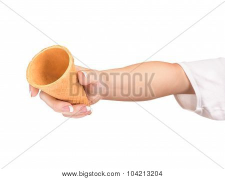 Empty Waffle Cup In Hand Isolated On White Background