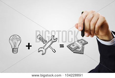 Close up of businessman drawing money making formula