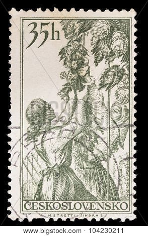 Postage Stamp Printed In Czechoslovakia Showing Hop Plukkers, A Base Ingredient For Brewing Beer