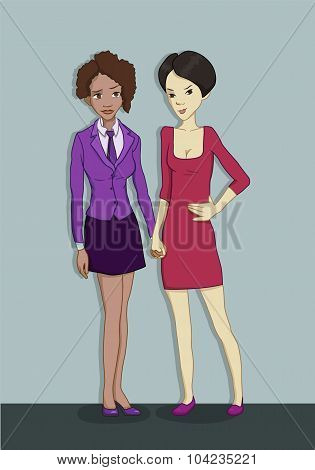 a young lesbian couple in an office-dress - relationships at work - the couple of the same sex