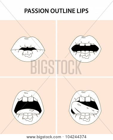Four sexy open mouths, tongue, outline erotic lips