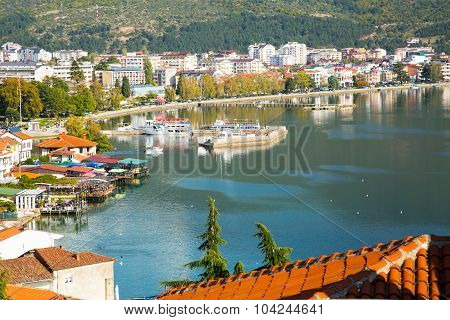 Aerial view of city of Ohrid and Ohrid Lake